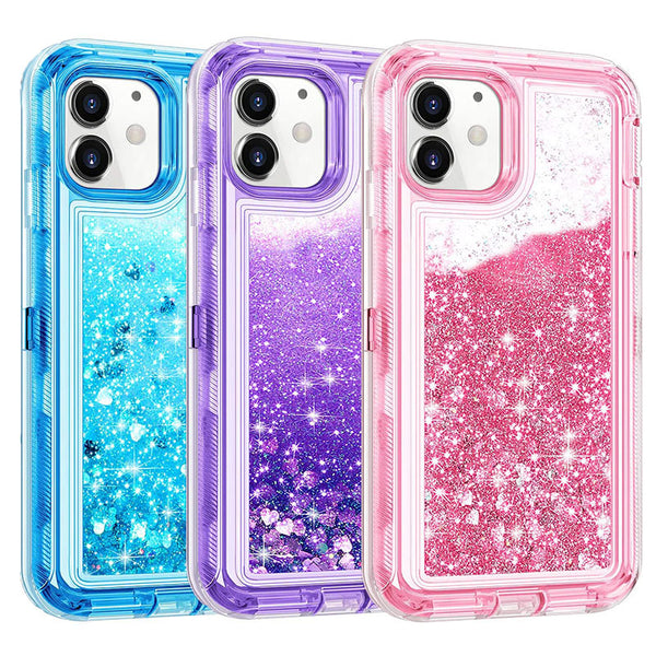 3 Layer Glitter Case Heavy Duty Defender Bling Girls Love Glitter Protective Flowing Liquid Clear Case For iPhone